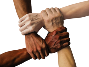 four hands of different coloured skin grasp each other