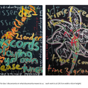 two artworks made of hand-painted text on a black background