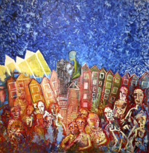 brightly-coloured painting of a city scene populated by large figures