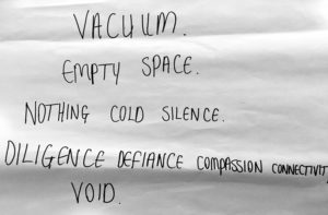 Vacuum, Empty Space, Nothing, Cold Silence, Diligence, Defiance, Compassion, Connectivity, Void