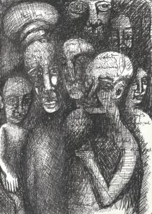black and white drawing of a group of figures