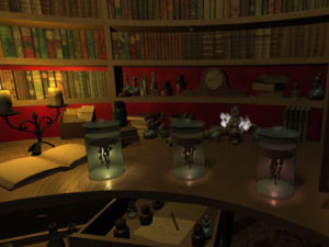 Computer generated image of specimens jars in low lighting in a library setting