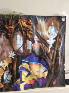 A section of a large collage focussing on several figures. The Vergin Mary and child, a young woman with Downs Syndrome's face, and a clown