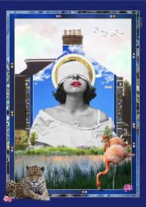 Artwork featuring the image of a blindfolded white woman framed by the side of a house with chimney pots